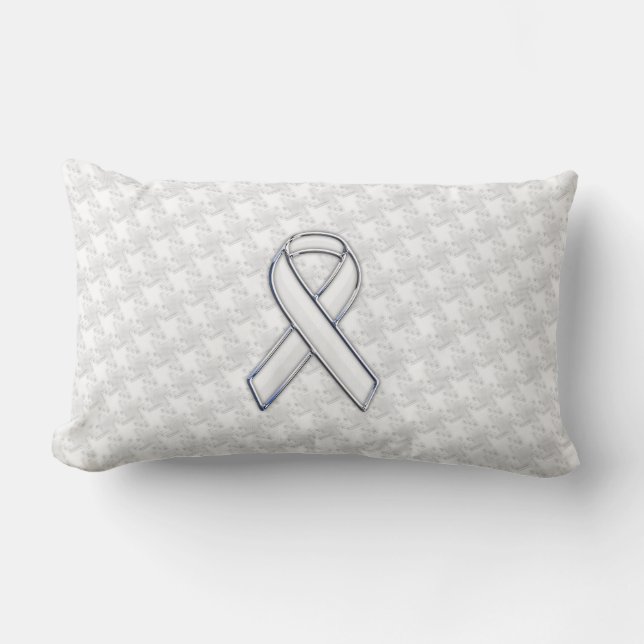 Chrome Style White Ribbon Awareness Houndstooth Lumbar Pillow (Front)