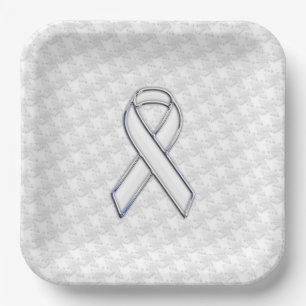Chrome Style White Ribbon Awareness Houndstooth Paper Plate