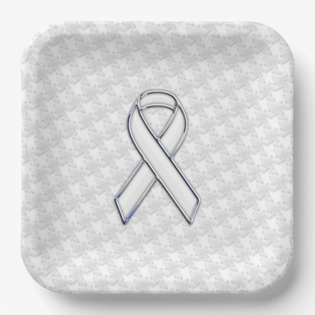 Chrome Style White Ribbon Awareness Houndstooth Paper Plate (Front)