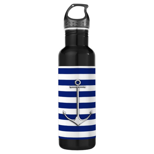 Chrome Thin Anchor on Nautical Stripes 710 Ml Water Bottle (Front)