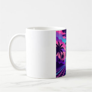 Chrome Vaporwave Dolphin — Retro Sunset Grid Palm Coffee Mug