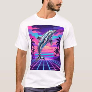 Chrome Vaporwave Dolphin — Retro Sunset Grid Palm T-Shirt