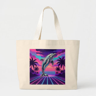 Chrome Vaporwave Dolphin Retro Sunset Large Tote Bag
