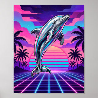 Chrome Vaporwave Dolphin Retro Sunset Poster