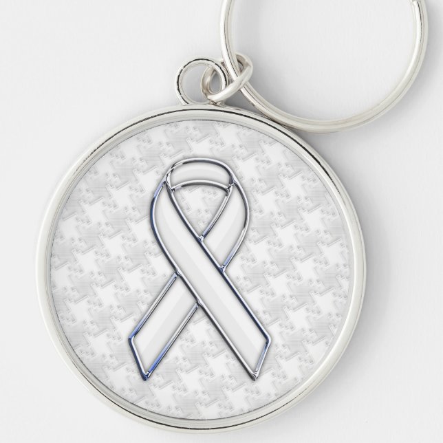 Chrome White on White Ribbon Awareness Houndstooth Keychain (Front)