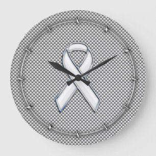 Chrome White Ribbon Awareness Carbon Fibre Decor Large Clock