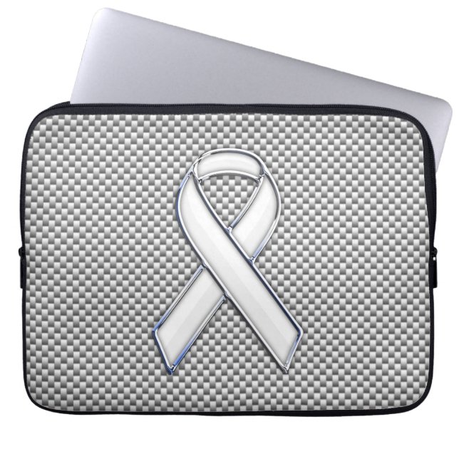 Chrome White Ribbon Awareness Carbon Fibre Print Laptop Sleeve (Front)