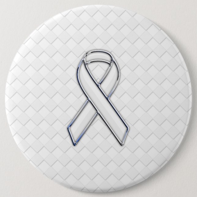 Chrome White Ribbon Awareness on Checkers 6 Inch Round Button (Front)