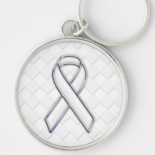 Chrome White Ribbon Awareness on Checkers Decor Keychain