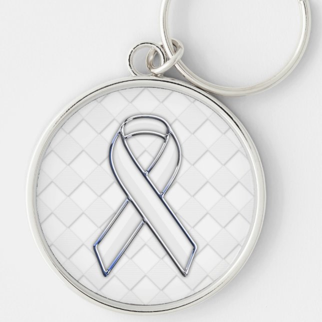 Chrome White Ribbon Awareness on Checkers Decor Keychain (Front)