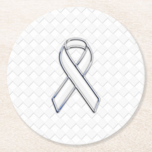 Chrome White Ribbon Awareness on Checkers Round Paper Coaster