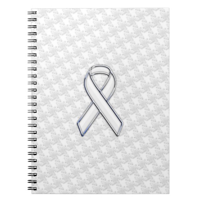 Chrome White Ribbon Awareness on Houndstooth Print Notebook (Front)