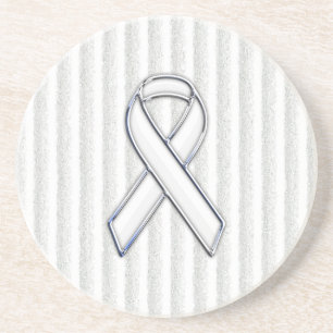 Chrome White Ribbon Awareness on Vertical Stripes Coaster