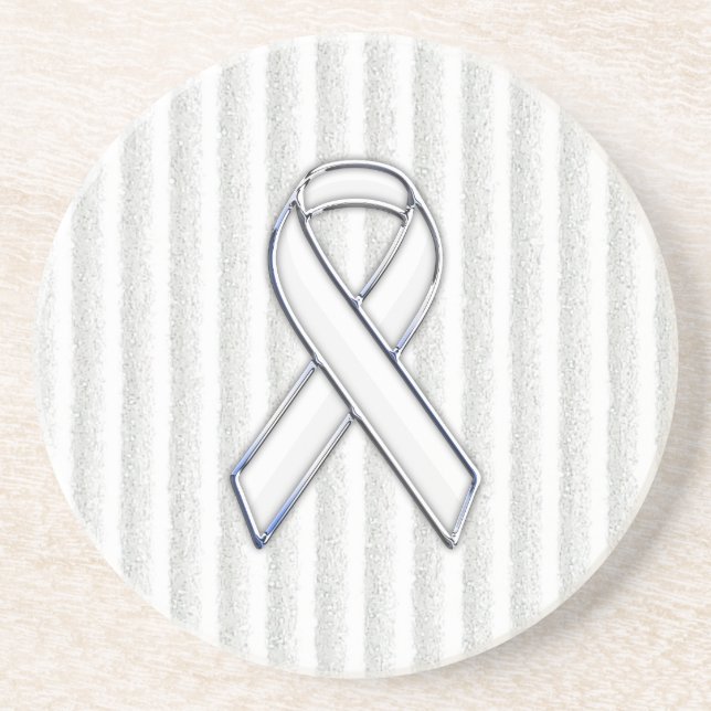Chrome White Ribbon Awareness on Vertical Stripes Coaster (Front)
