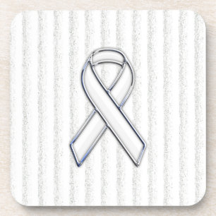 Chrome White Ribbon Awareness on Vertical Stripes Coaster