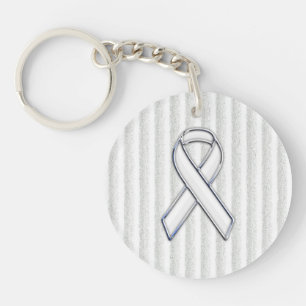 Chrome White Ribbon Awareness on Vertical Stripes Keychain