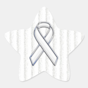 Chrome White Ribbon Awareness on Vertical Stripes Star Sticker