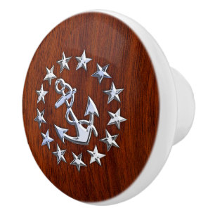 Chrome Yacht Flag on Mahogany Grain Print Ceramic Knob