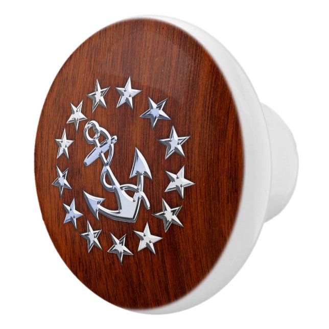 Chrome Yacht Flag on Mahogany Grain Print Ceramic Knob (Right)