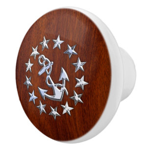 Chrome Yacht Flag on Mahogany Grain Print Ceramic Knob