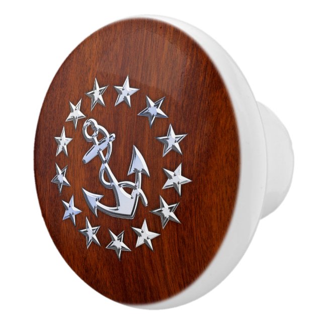 Chrome Yacht Flag on Mahogany Grain Print Ceramic Knob (Right)