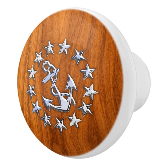 Chrome Yacht Flag on Teak Wood Grain Print Ceramic Knob (Right)