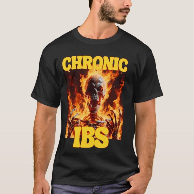 Chronic IBS Funny Cringe Hard Skeleton Meme Flames T-Shirt (Front)