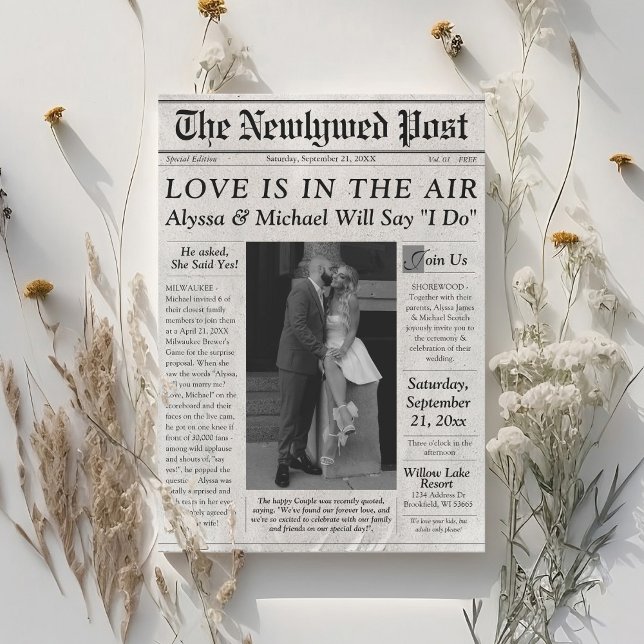 Chronologie de la Faire-part de mariage photo du j (Unique Vintage Newspaper black and white photo Come for the Love is in the Air Newlywed Post Invite)