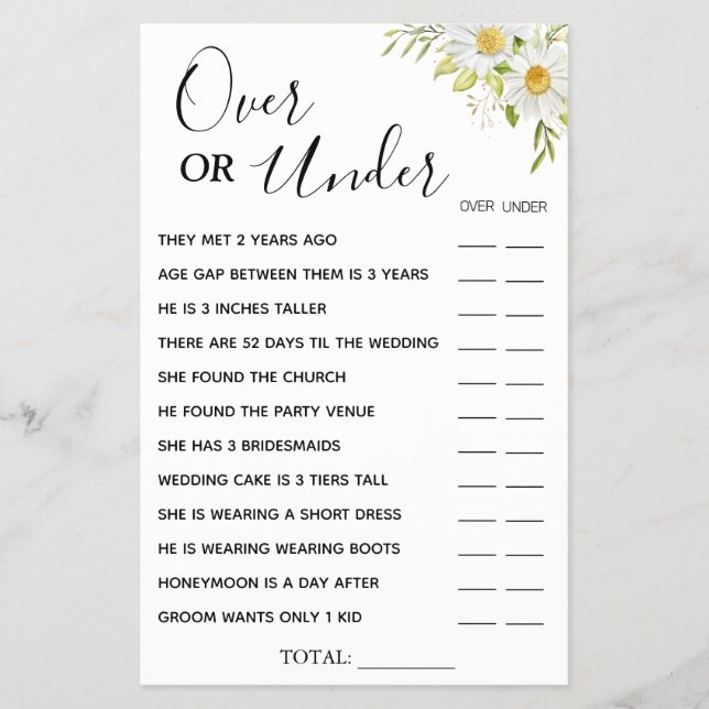 Chrysanthemu Over or Under Bridal shower game card (Front)