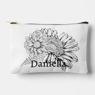 Chrysanthemum Black Line Drawing with Your Name  Accessory Pouch