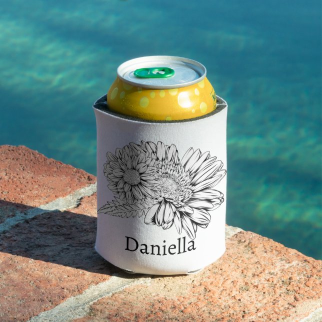 Chrysanthemum Black Line Drawing with Your Name  Can Cooler (In Situ Pool)