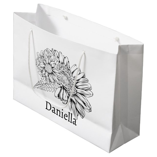 Chrysanthemum Black Line Drawing with Your Name  Large Gift Bag (Front Angled)