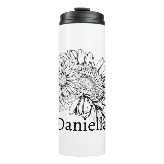 Chrysanthemum Black Line Drawing with Your Name  Thermal Tumbler (Front)