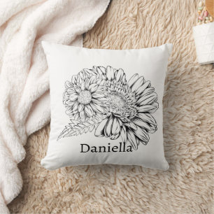 Chrysanthemum Black Line Drawing with Your Name  Throw Pillow