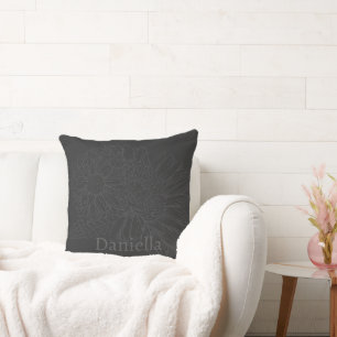 Chrysanthemum Black Line Drawing with Your Name  Throw Pillow