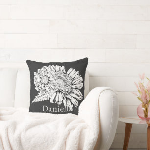 Chrysanthemum Black Line Drawing with Your Name  Throw Pillow