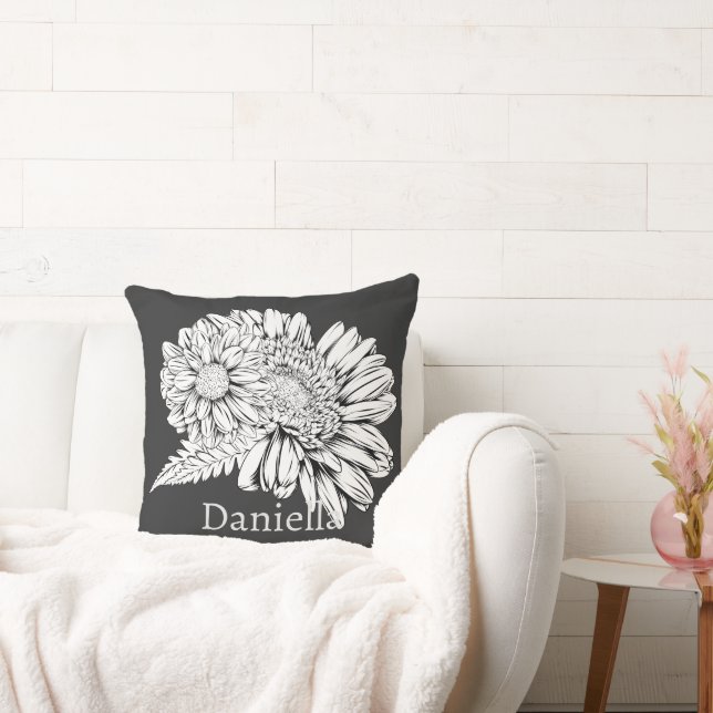 Chrysanthemum Black Line Drawing with Your Name  Throw Pillow (Couch)