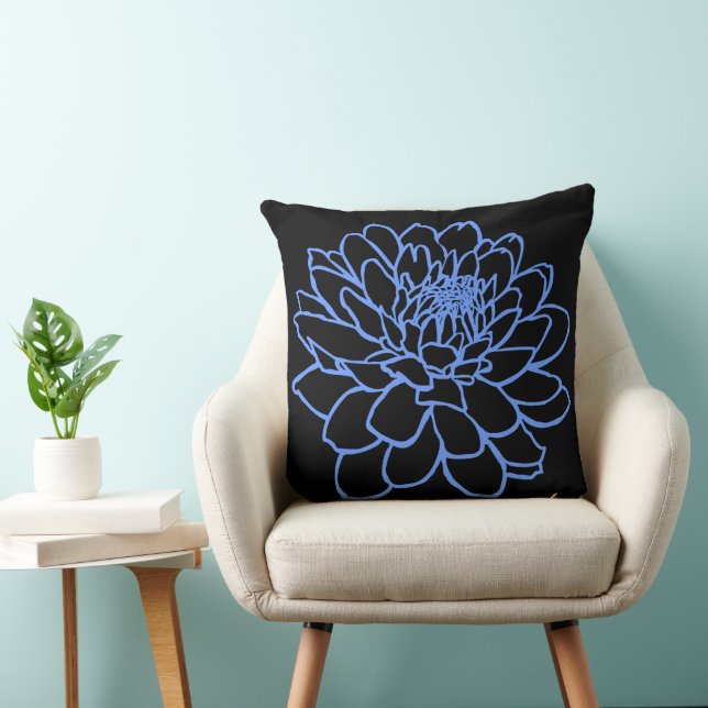 Chrysanthemum Drawing - Baby Blue on Black Throw Pillow (Chair)