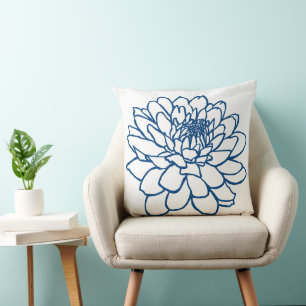 Chrysanthemum Drawing -  Indigo Style Blue Throw Pillow