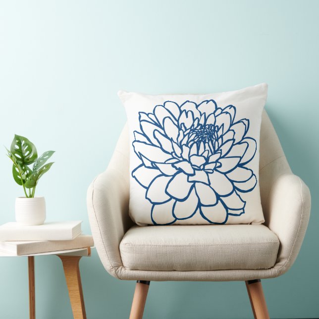 Chrysanthemum Drawing -  Indigo Style Blue Throw Pillow (Chair)