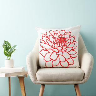 Chrysanthemum Drawing - Red on White Throw Pillow
