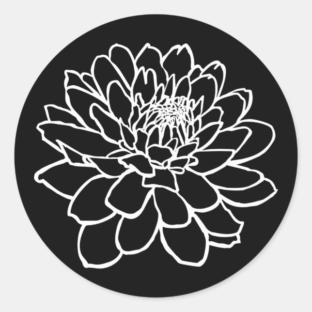 Chrysanthemum Drawing - White on Black Classic Round Sticker (Front)