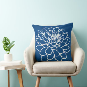 Chrysanthemum Drawing - White on Indigo Style Blue Throw Pillow