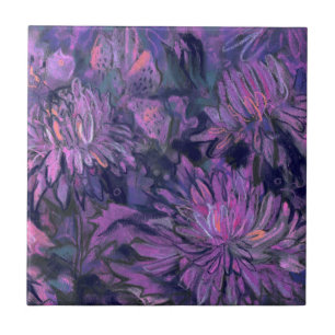 Chrysanthemum Flowers Floral Painting Violet Pink Tile