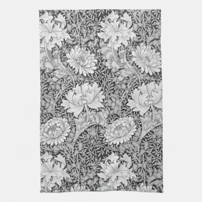 Chrysanthemum Grey, William Morris Kitchen Towel (Vertical)