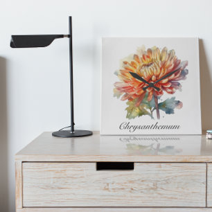 chrysanthemum in watercolor, customizable square wall clock