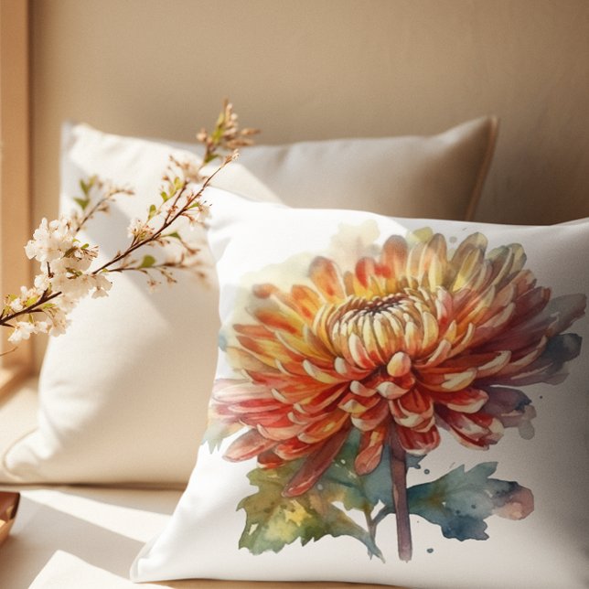 chrysanthemum in yellow and orange watercolor throw pillow (Creator Uploaded)
