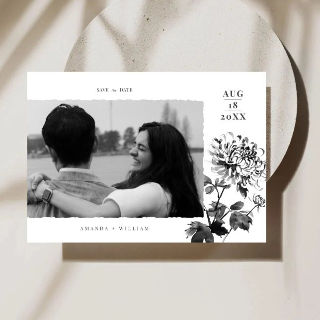 Chrysanthemum Ink Art Photo Save The Date Card (Creator Uploaded)