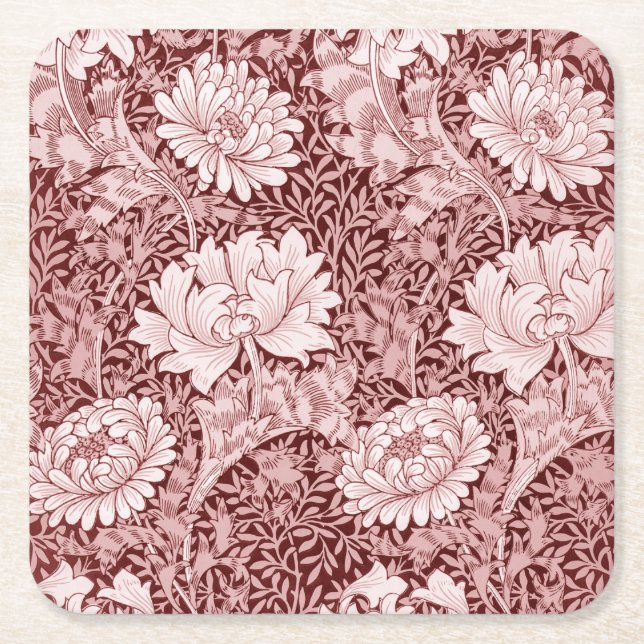Chrysanthemum Maroon, William Morris Square Paper Coaster (Front)