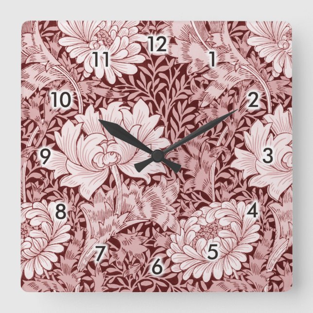 Chrysanthemum Maroon, William Morris Square Wall Clock (Front)